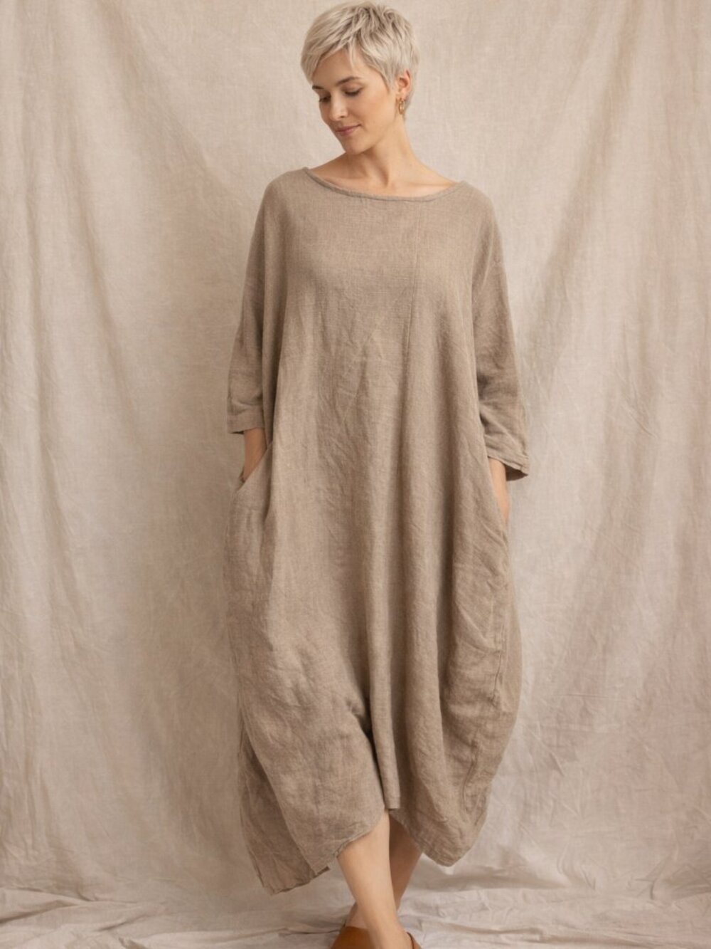 ✨ Bella Blue Linen Blend Cocoon Dress – L/XL ✨ Taupe with pockets